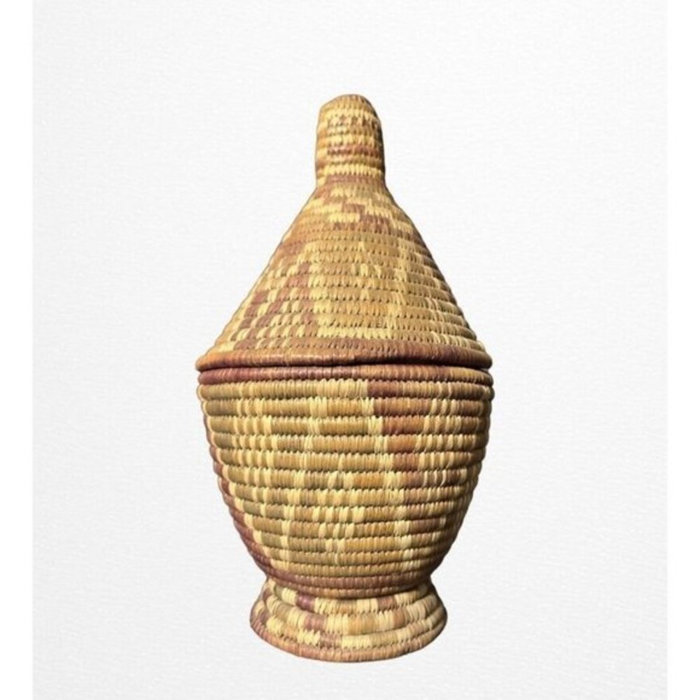 Vintage Handmade Basket W Lid African Woven Purple Boho Native Organic Long Top